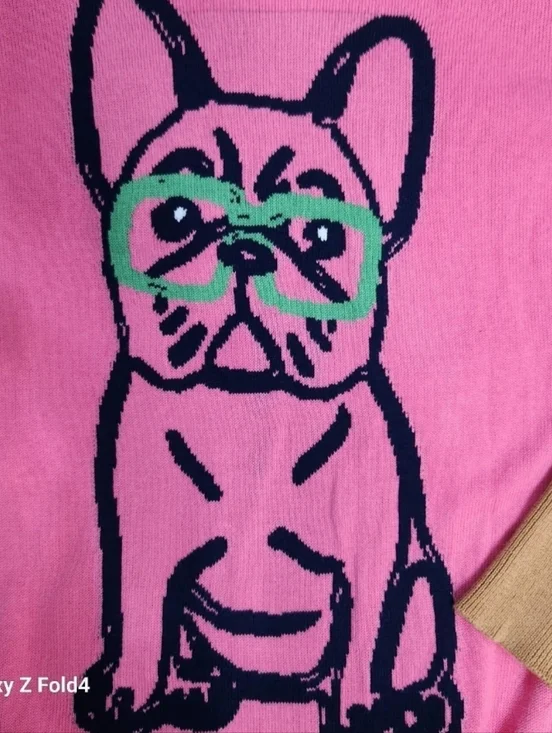 Oxknit French Bulldog Graphic Sweater Pink & Red Colorblock Medium - Picture 6 of 7